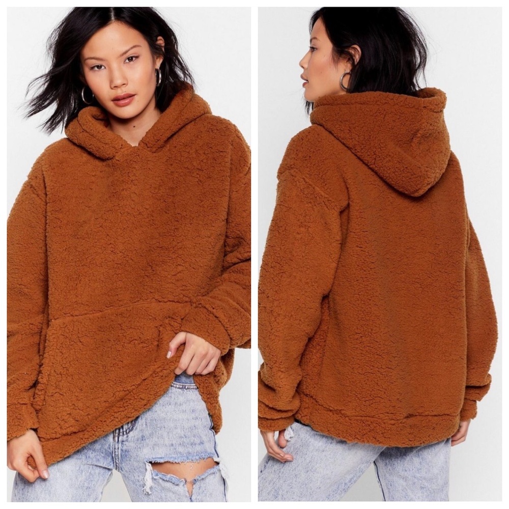 NASTY GAL Faux Shearling Pullover Hoodie Soft Teddy Bear Rust Brown